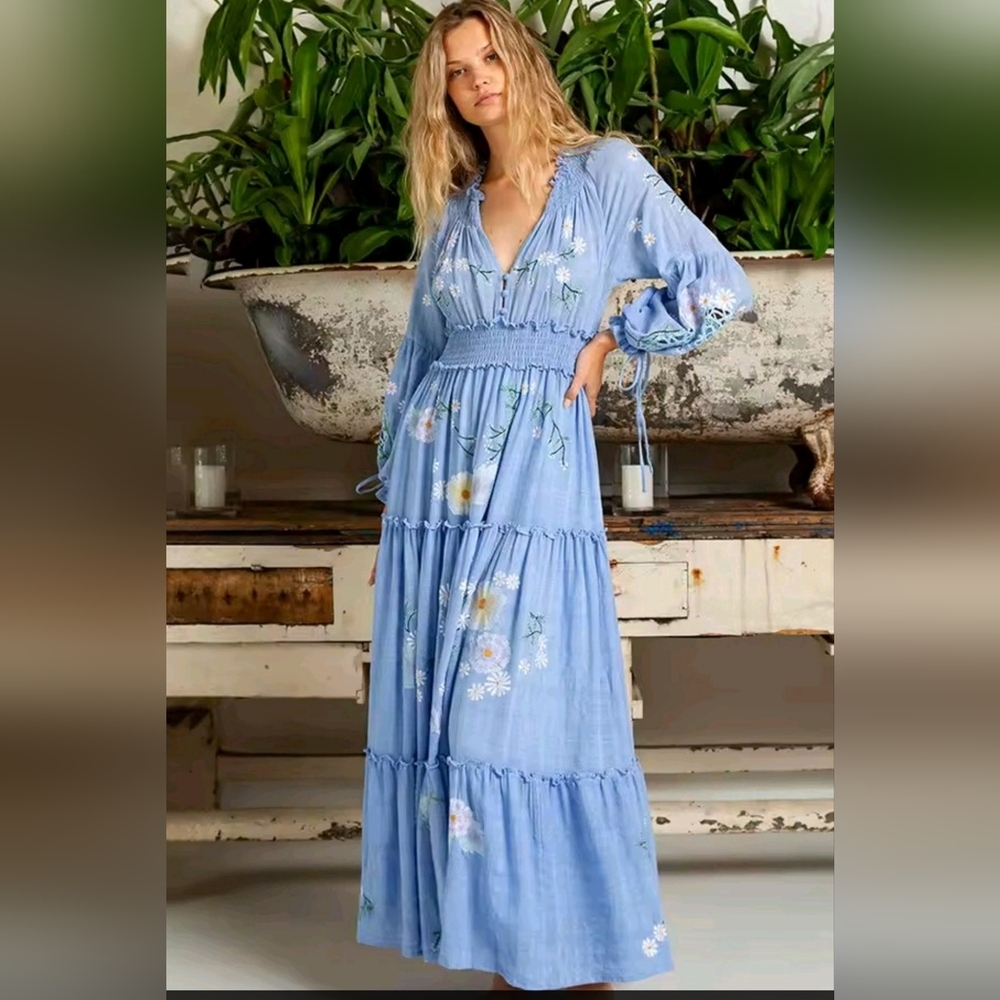 Chic Blue Floral Long Sleeve Dress - Picture 6 of 16